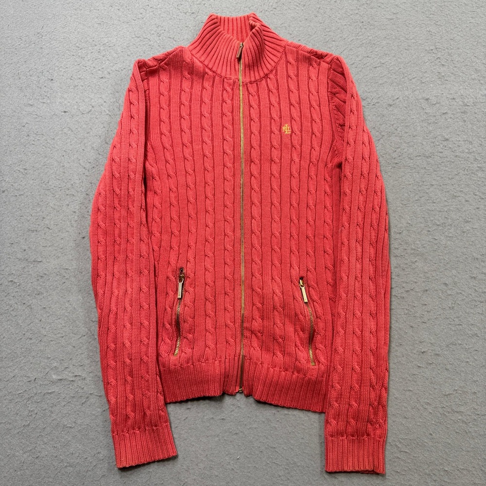 Lauren Ralph Lauren Cardigan Women's XS Coral Pink Cable Knit Full Zip Sweater